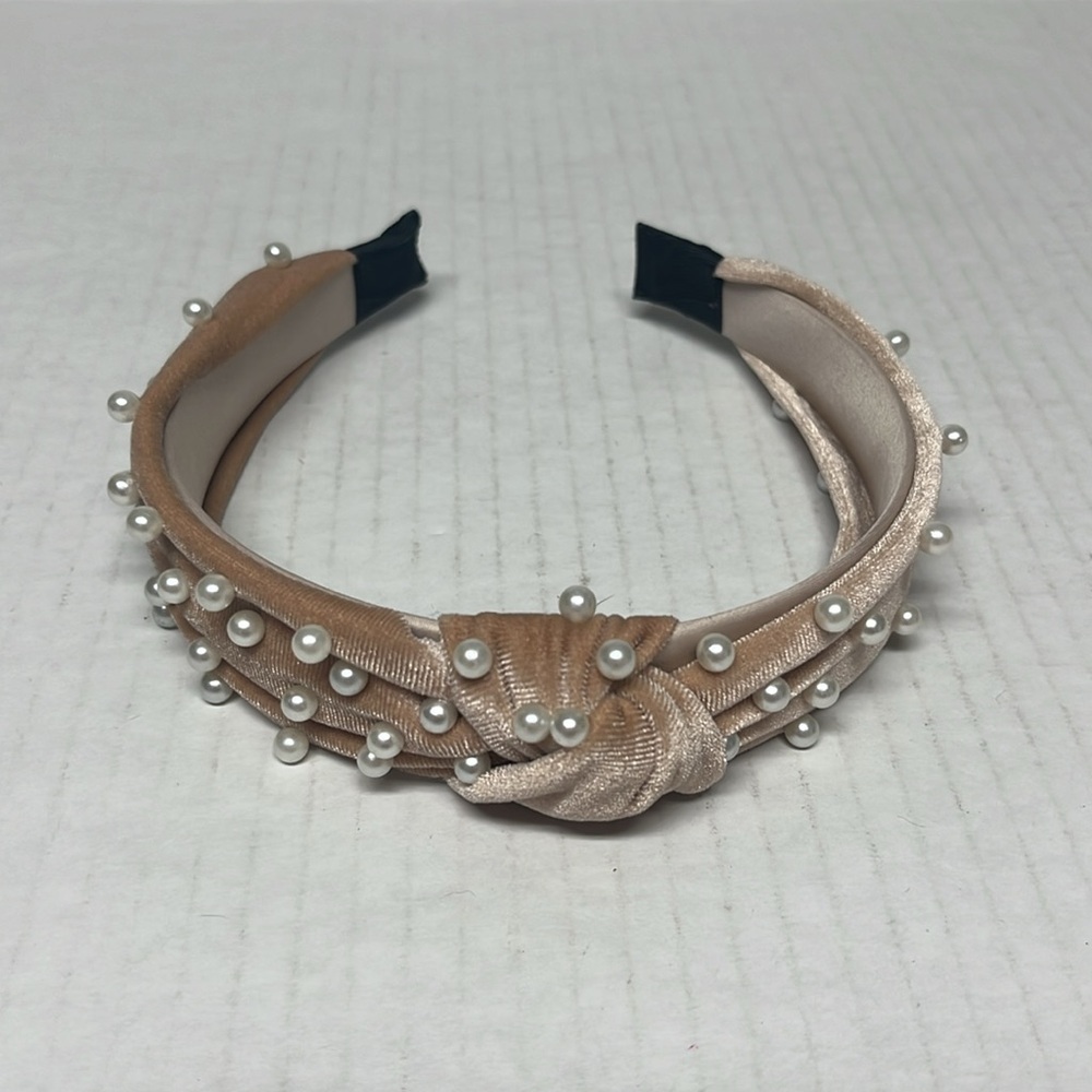 Tan Velvet Pearl Headband – Bridal Shower, Tea Party, Coquette Hair Accessory - Picture 6 of 8